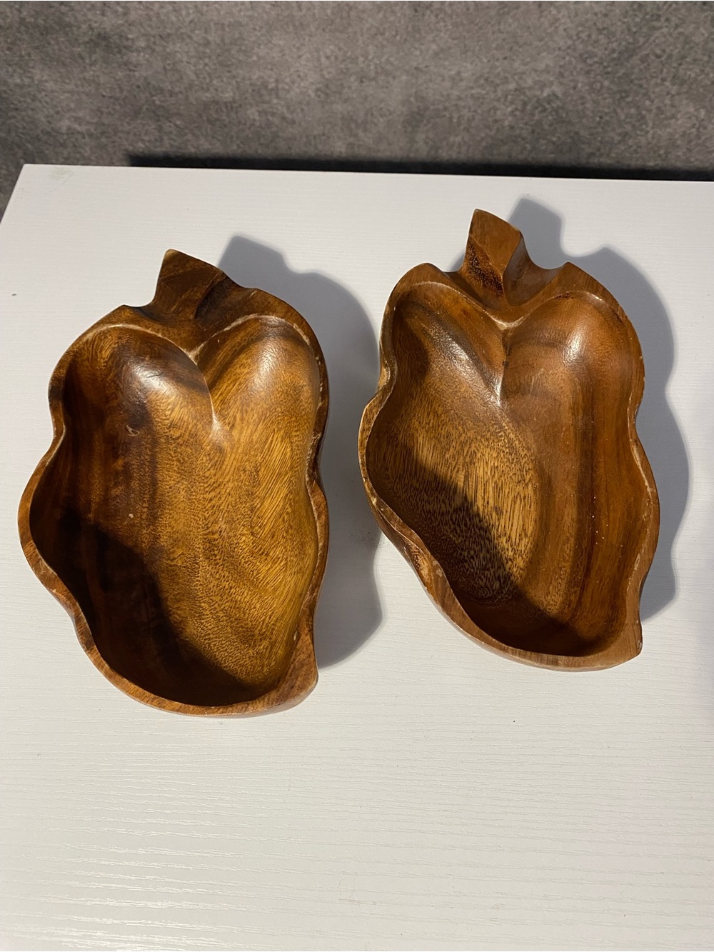 Vintage Monkey Pod Wood Leaf Shaped Bowls Set of 2 Mid Century Boho